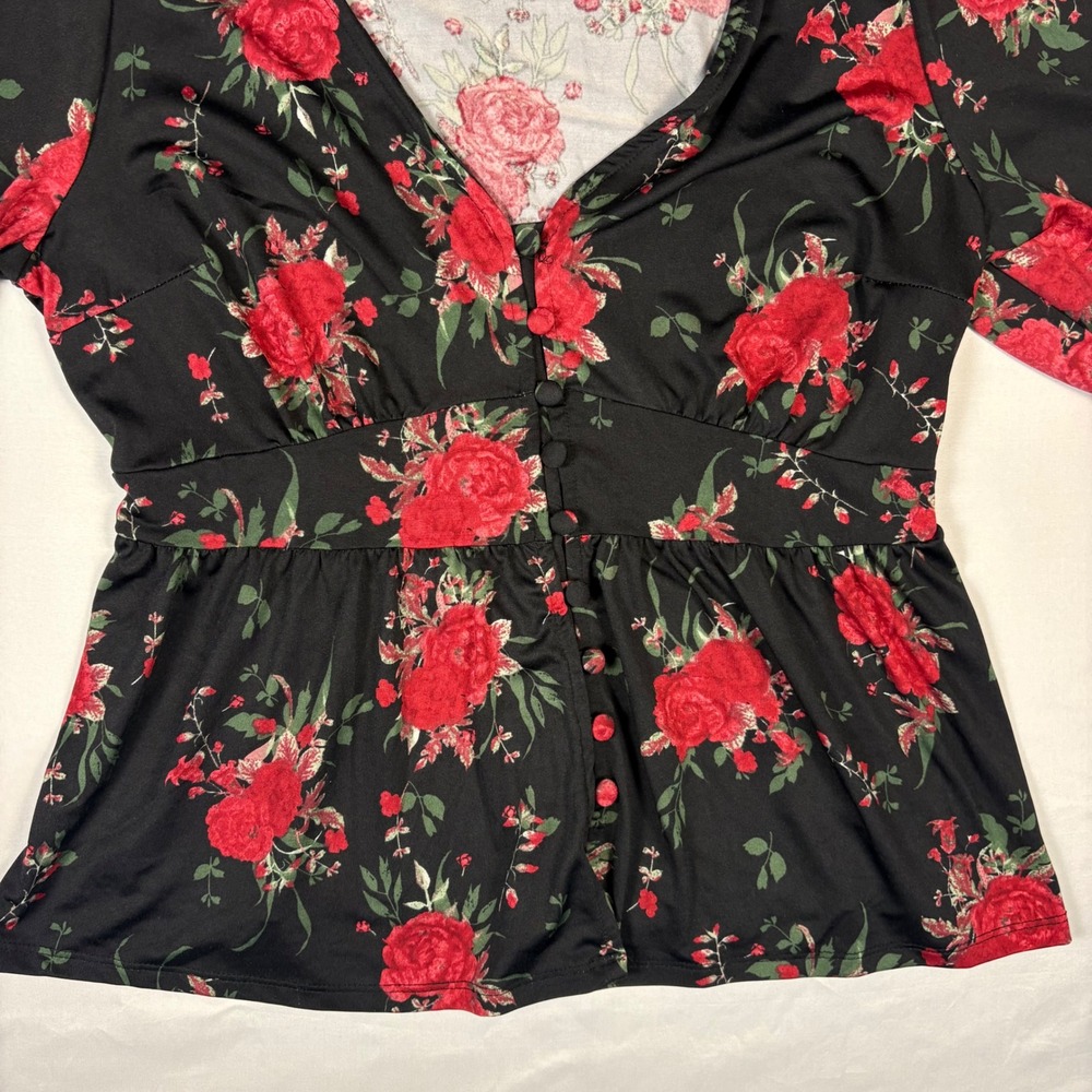 Rousseau Women Red Rose Floral Peplum Top V-Neck Button Front Tie Sleeve Large - Picture 4 of 9